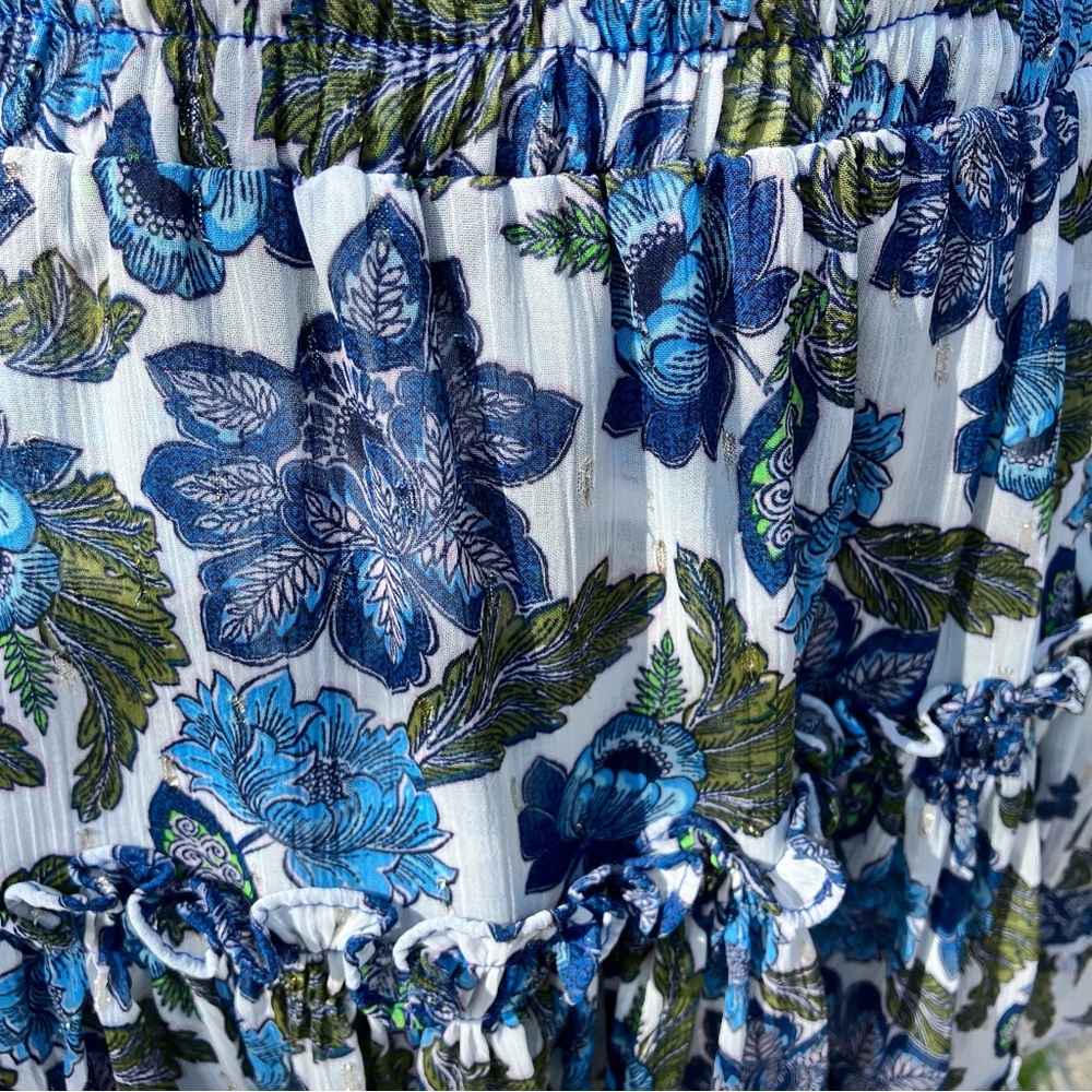 Smocked Mini Skirt by Misa Los Angeles - Floral Chiffon Blue Marion. Size M - Picture 7 of 9